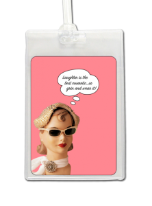 Custom Plastic Luggage Tag with girl against pink background