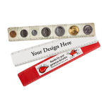 Custom 12 inch plastic rulers examples including coin design, blood drive with blood drop and red background and ruler with "Your Design Here"