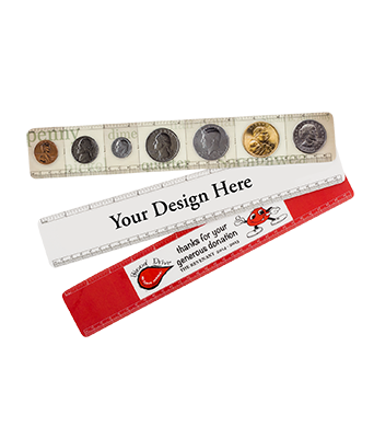 Custom 12 inch plastic rulers examples including coin design, blood drive with blood drop and red background and ruler with 