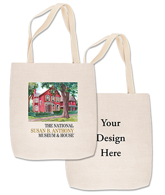 Linen-look tote bag, full color painting of historic red house with lawn, example tote with the words 