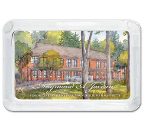 Custom Glass Paperweight with watercolor painting of brick senior center with trees in background