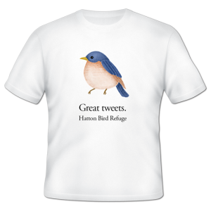 Plump Bluebird color illustration with name of organization below printed on white t-shirt