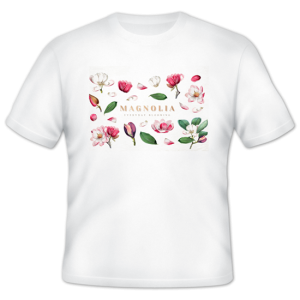 Multiple Magnolias in pinks, red green stems on white t-shirt