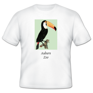 Black and White Pelican with yellow and black striped beak perched on branch printed on white t-shirt
