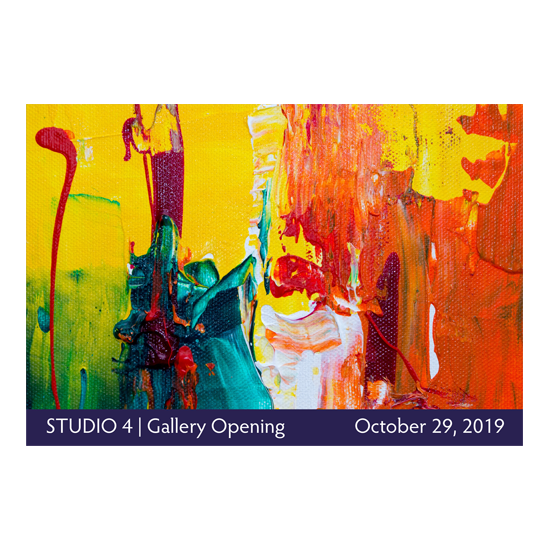 STUDIO 4 Gallery Opening, October 29, 2019. Woman in green dress painting