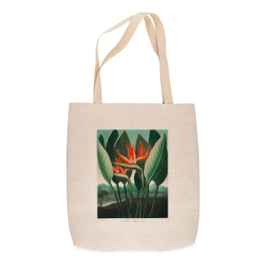 Tropical Flowers in red with large green leaves printed on linen-look tote bag