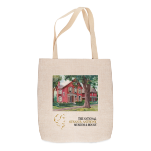 Red Historic House with tree in front yard and name of museum printed on linen-look tote bag