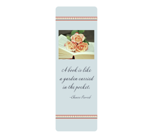 Personalized bookmark with pink flowers on open book with quotation beneath