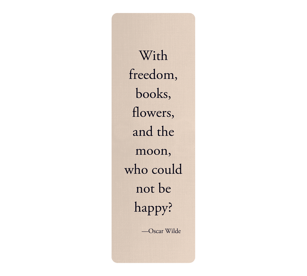 Oscar Wilde quotation about freedom, books and flowers on tan laminated bookmark