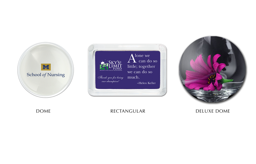 Paperweights-all 3-website-NO TEXT Custom Glass Paperweights - 3 styles - Dome -Rectangle - Deluxe