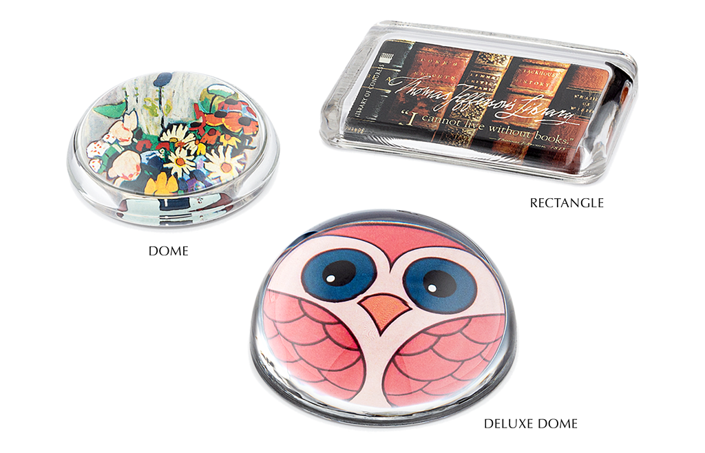 Paperweights-all-3-website-NEW-1024x658 Regular Dome Paperweight with flowers, Rectangle Paperweight with Books, Deluxe Dome with Owl