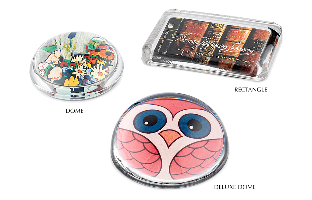 Regular Dome Paperweight with flowers, Rectangle Paperweight with Books, Deluxe Dome with Owl