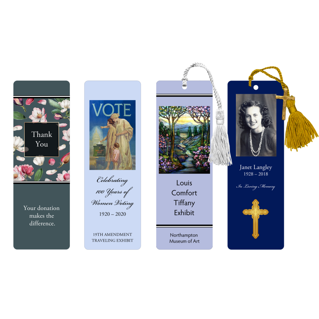 Bookmarks--LandingPage-newbookmarks-JAN2020 Four bookmarks - Thank you, Vote, Tiffany Glass, Memorial