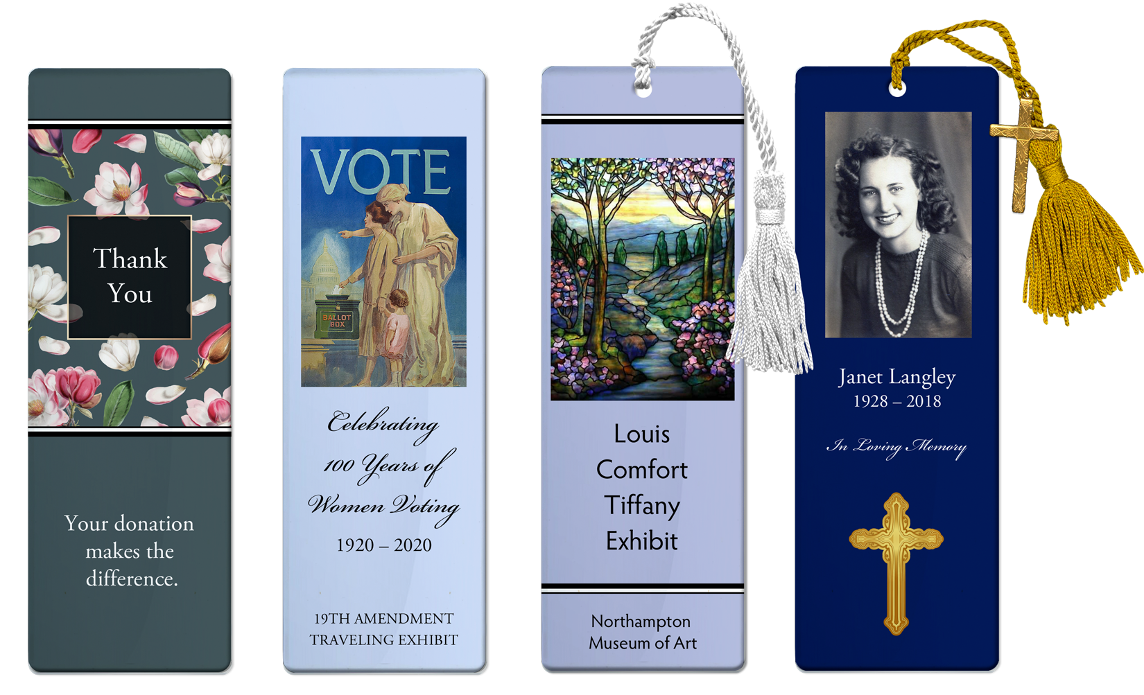 Four custom bookmarks side by side - Styles include with and without tassels