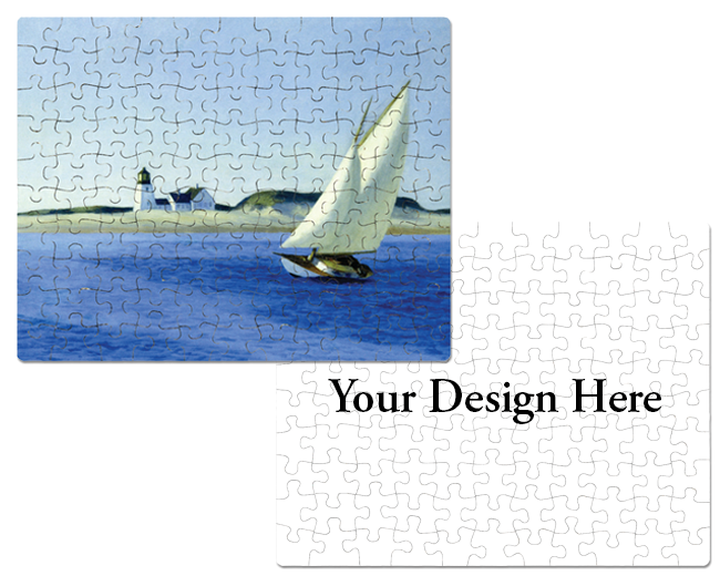 Custom Jigsaw Puzzle with painting of sailboat on smooth blue water with lighthouse in the background. An additional puzzle has the words 