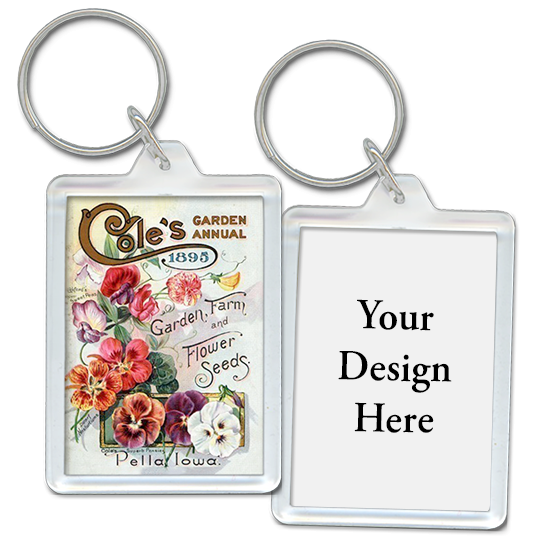 Custom acrylic keychain with example showing vintage seed packet art next to another acrylic keychain that says 