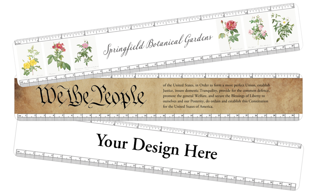 Three fanned 12 inch rulers. Botanical Garden design, We the People quotation on parchment and 
