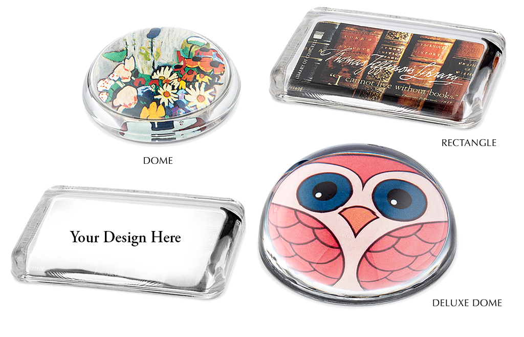 Three example paperweights with full color art plus an example rectangle glass paperweight with 