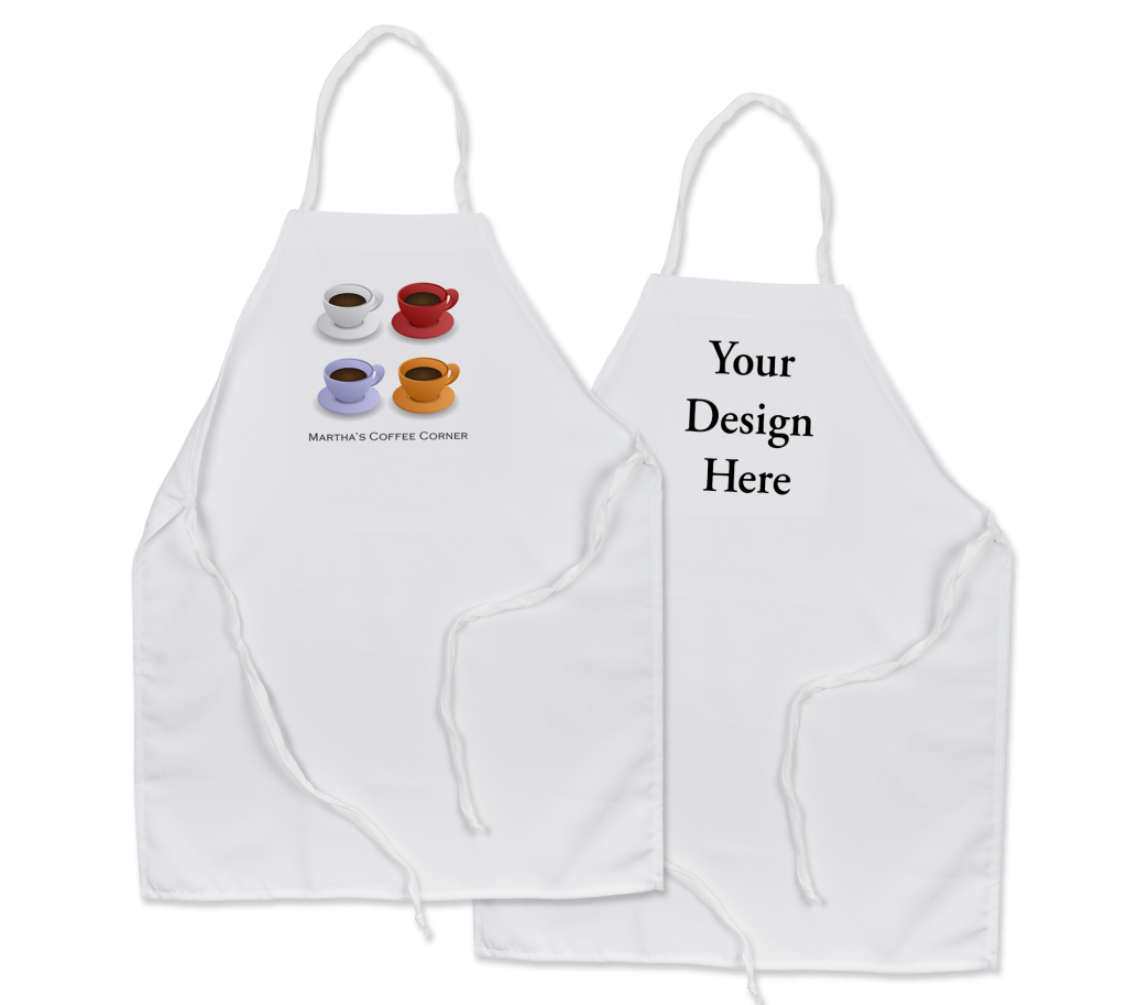 Custom apron example with graphic with 4 cups of coffee and personalization on white apron next to white apron with 