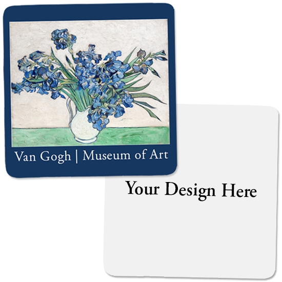 Custom Drink Coaster with VanGogh Iris art and second blank coaster with Your Deign Here' printed on it